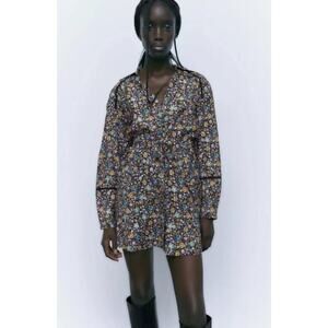 Zara Floral Print Shirt Dress Womens Small Crepe Long Sleeve Button Up